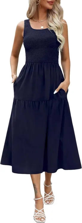 Maggeer Women's 2025 Summer Spring Sleeveless Smocked Tiered Scoop Neck Midi Tank Top Dress with Pockets