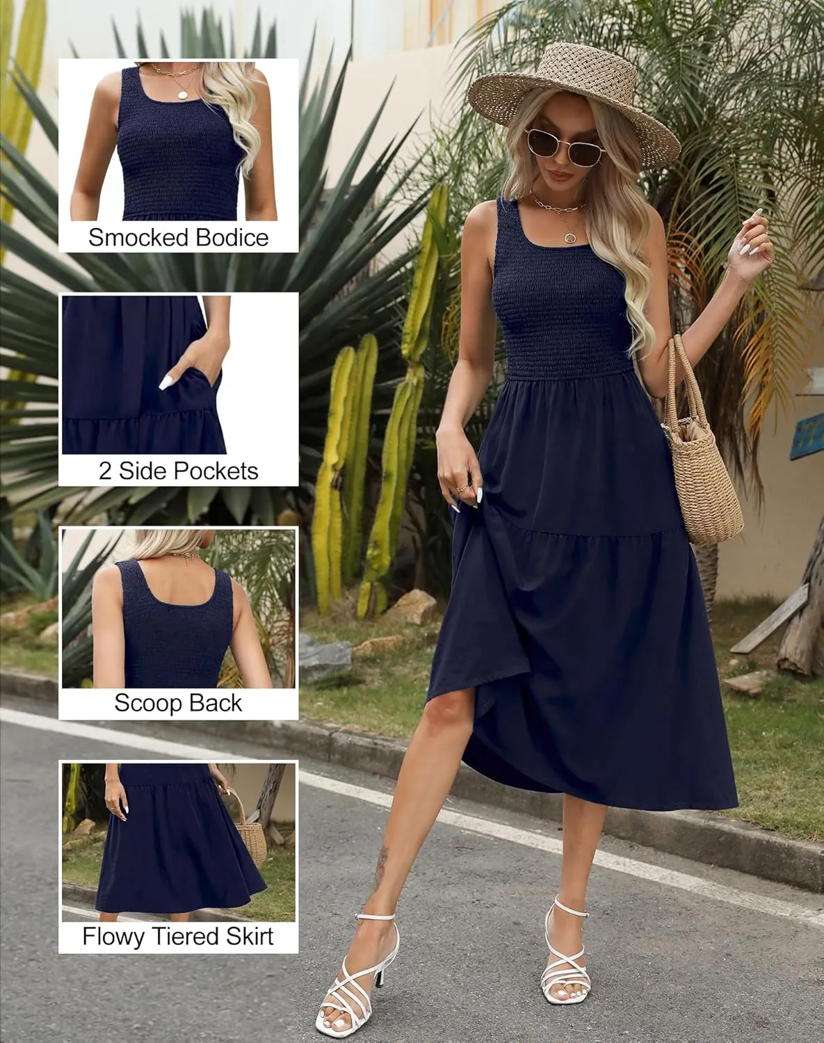 Maggeer Women's 2025 Summer Spring Sleeveless Smocked Tiered Scoop Neck Midi Tank Top Dress with Pockets