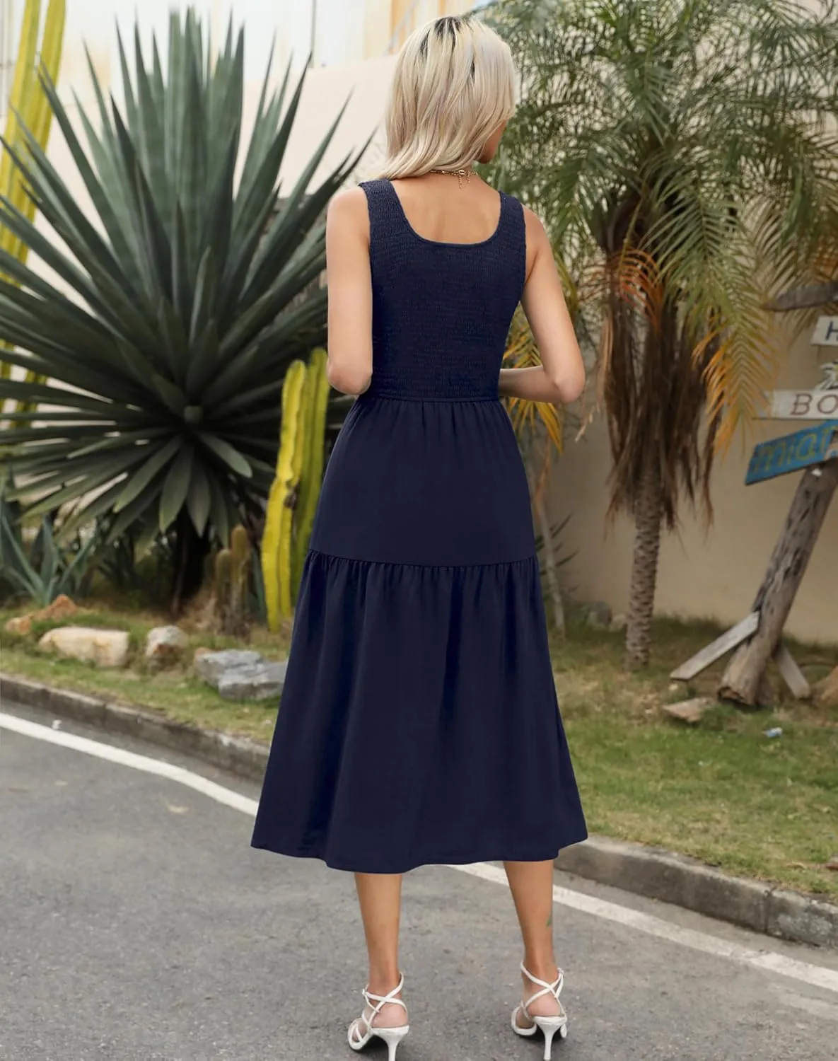 Maggeer Women's 2025 Summer Spring Sleeveless Smocked Tiered Scoop Neck Midi Tank Top Dress with Pockets