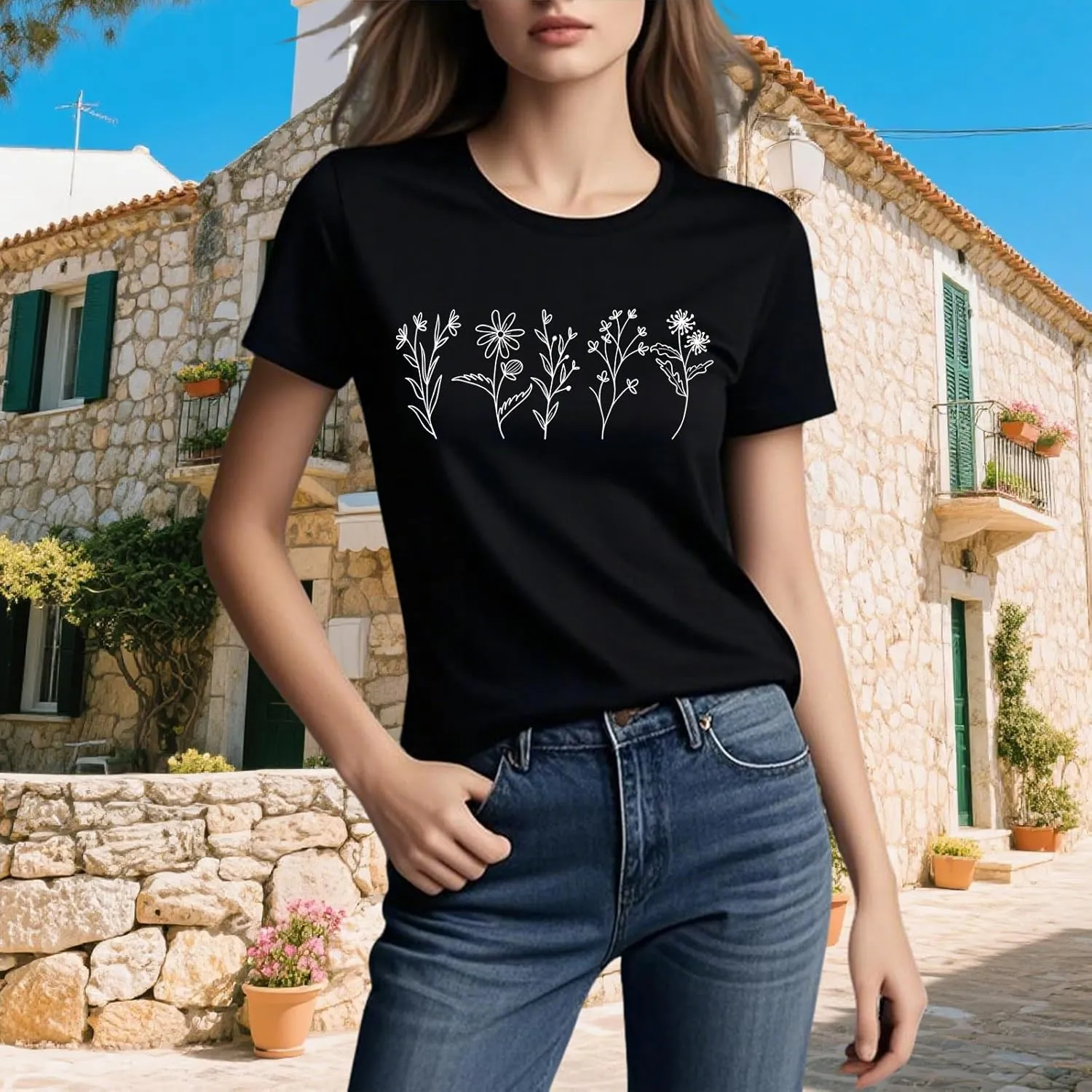 MIMOORN Women Floral Tee Summer Flower Casual Short Sleeve Wildflower Graphic T Shirt
