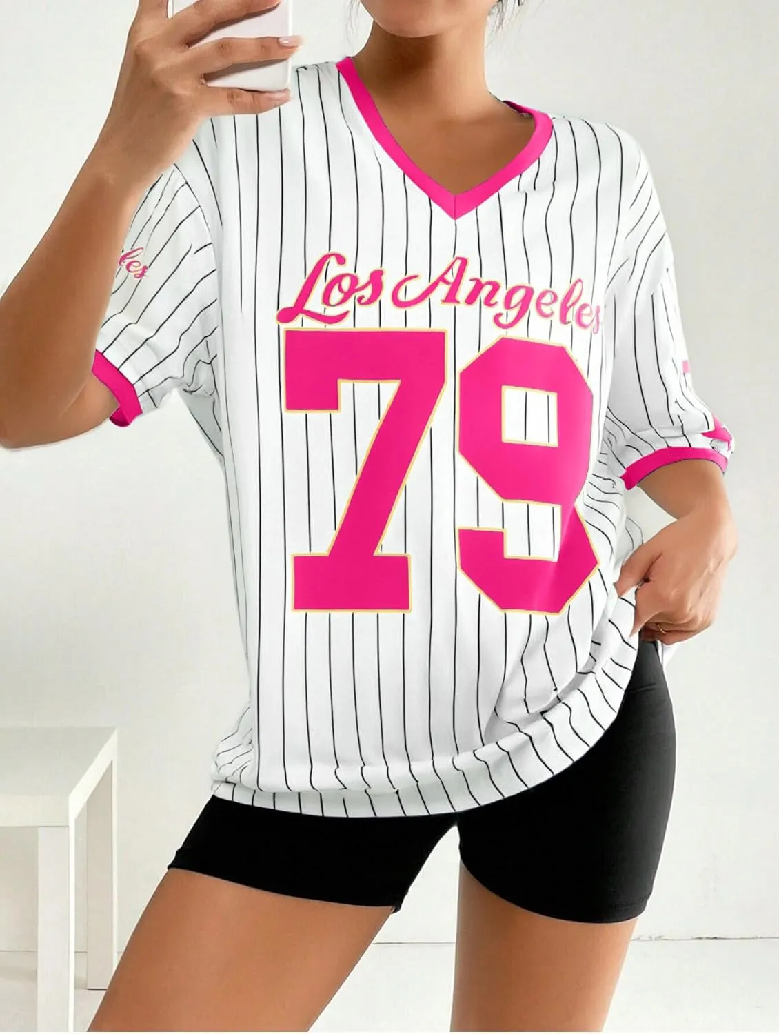 Oversized Jersey Shirts for Women V Neck Tshirt Striped Number Graphic Shirt Casual Y2k Streetwear Tee Tops