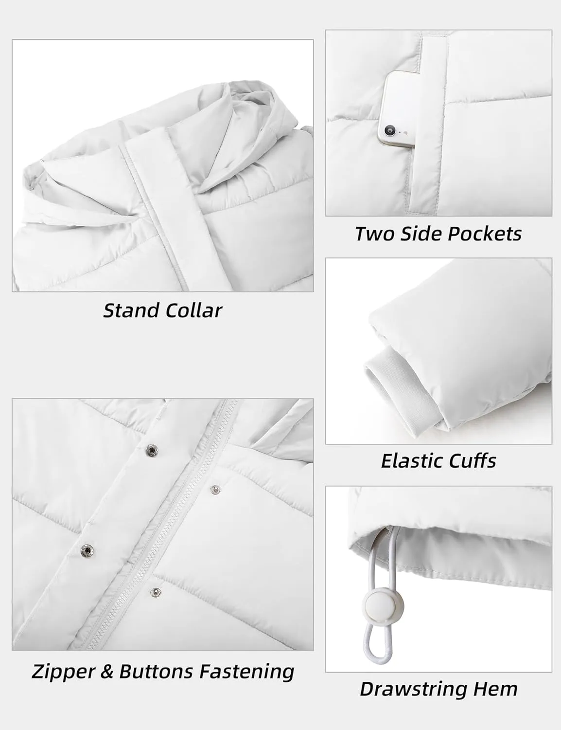 PHISOCKAT Womens Puffer Jacket Cropped Quilted Jacket Long Sleeve Full Zip Coats with Pockets Winter Outerwear with Hood
