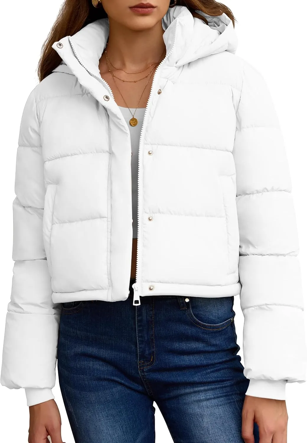 PHISOCKAT Womens Puffer Jacket Cropped Quilted Jacket Long Sleeve Full Zip Coats with Pockets Winter Outerwear with Hood