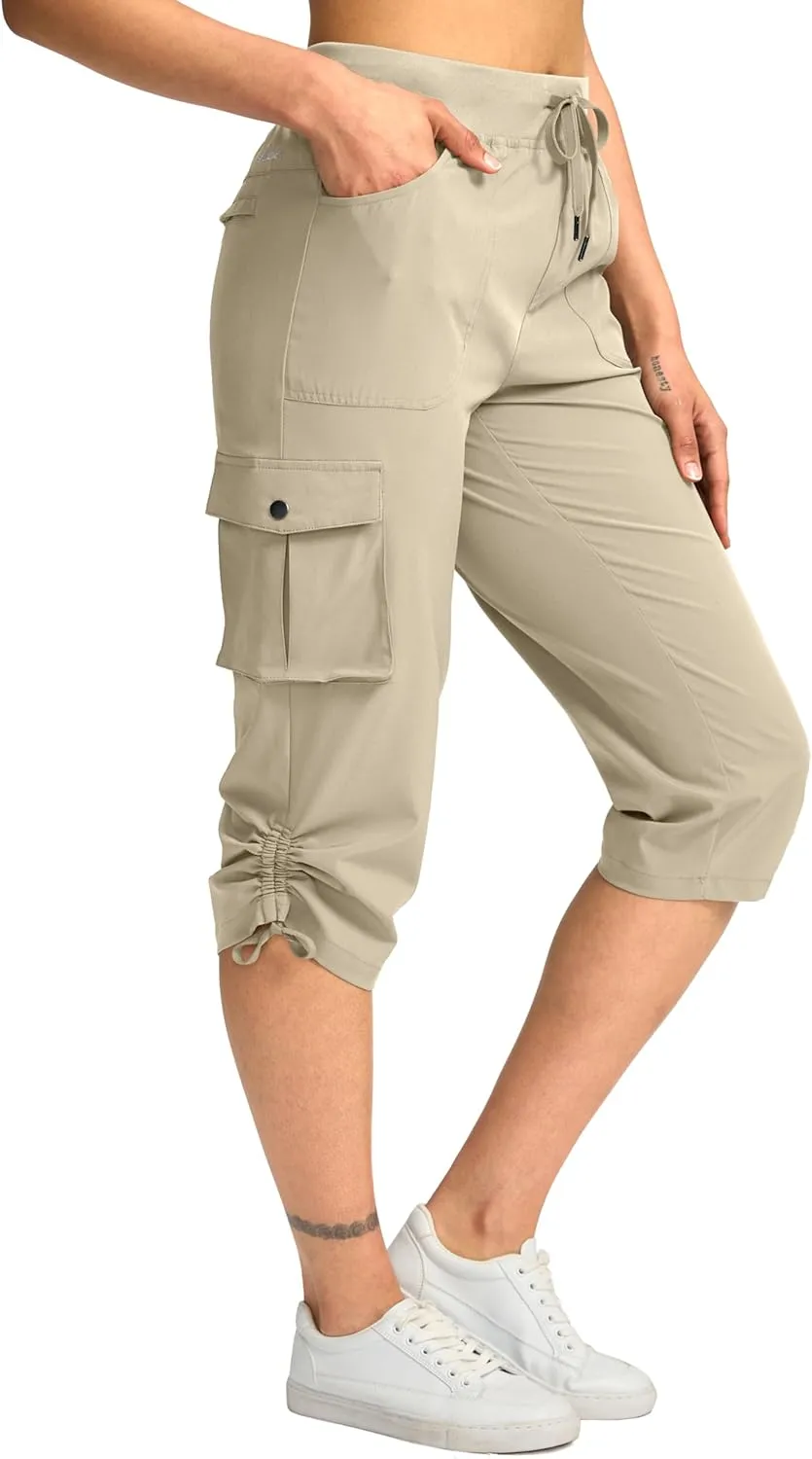 Pudolla Women's Cargo Capri Pants Lightweight Quick Dry Hiking Pants Summer Travel Casual Capris with 5 Pockets