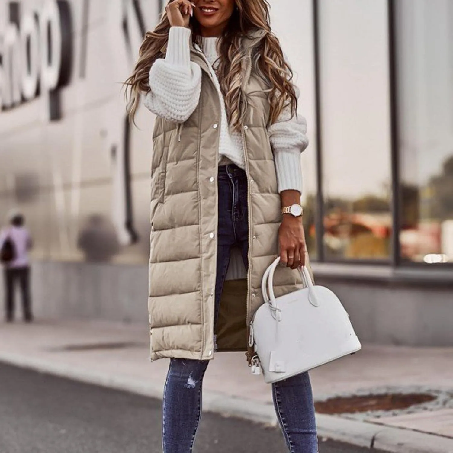 Smoneyful Women's Long Vest Sleeveless Lightweight Puffer Jacket Packable Hooded Down Coat Quilted Vest with Hood Winter