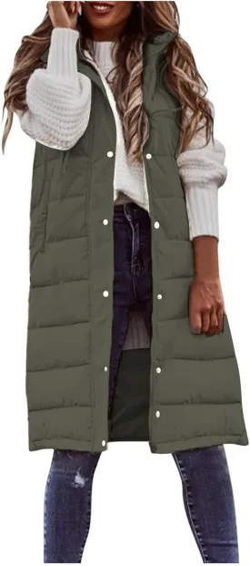Smoneyful Women's Long Vest Sleeveless Lightweight Puffer Jacket Packable Hooded Down Coat Quilted Vest with Hood Winter