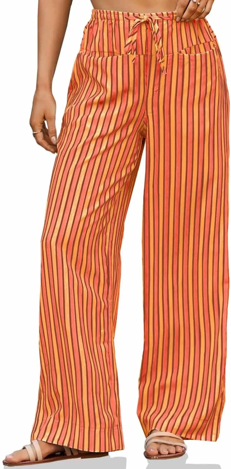 Tankaneo Womens Baggy Striped Pants Casual Loose Wide Leg Drawstring Elastic Waist Pants with Pockets