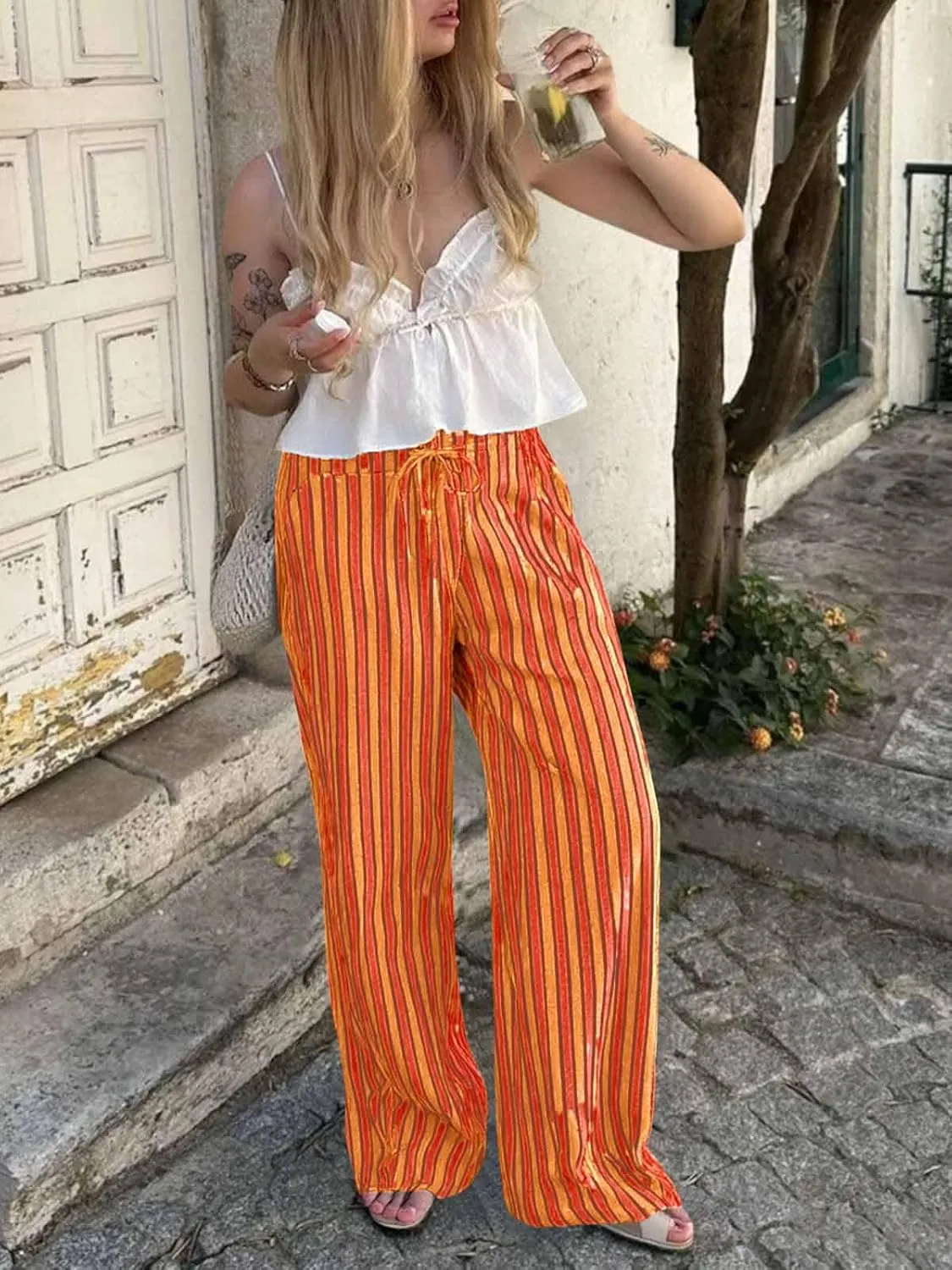 Tankaneo Womens Baggy Striped Pants Casual Loose Wide Leg Drawstring Elastic Waist Pants with Pockets