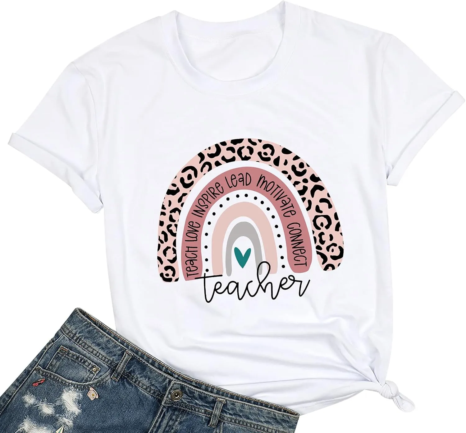 Teacher Shirt for Women Teach Rainbow Leopard Graphic Tee Tops Teachers Gift Teach Inspire T Shirt
