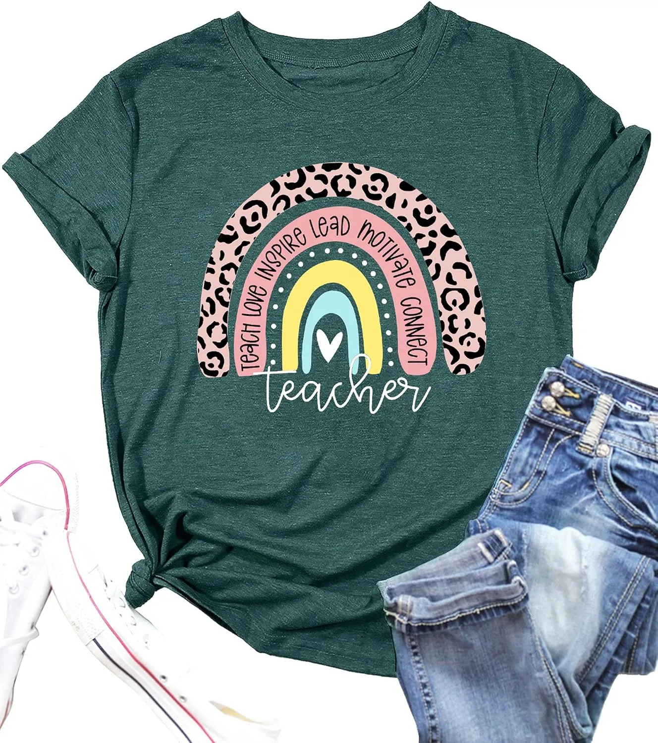 Teacher Shirt for Women Teach Rainbow Leopard Graphic Tee Tops Teachers Gift Teach Inspire T Shirt