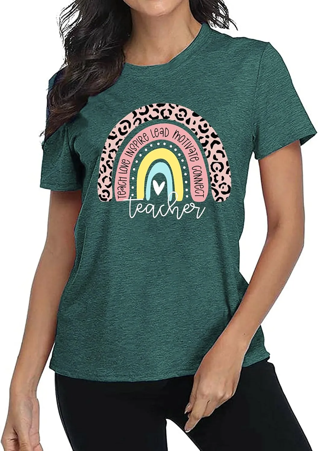 Teacher Shirt for Women Teach Rainbow Leopard Graphic Tee Tops Teachers Gift Teach Inspire T Shirt