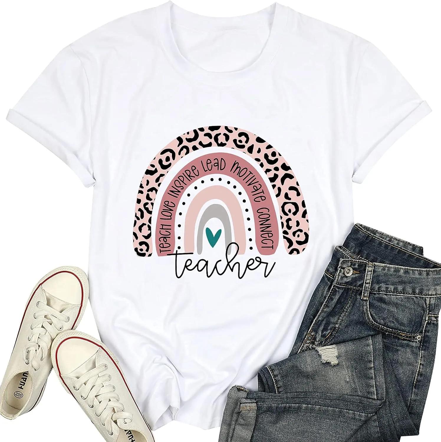 Teacher Shirt for Women Teach Rainbow Leopard Graphic Tee Tops Teachers Gift Teach Inspire T Shirt
