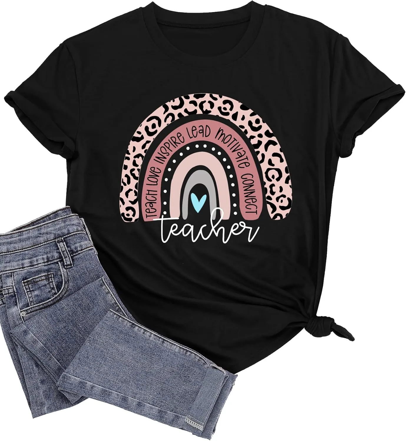 Teacher Shirt for Women Teach Rainbow Leopard Graphic Tee Tops Teachers Gift Teach Inspire T Shirt