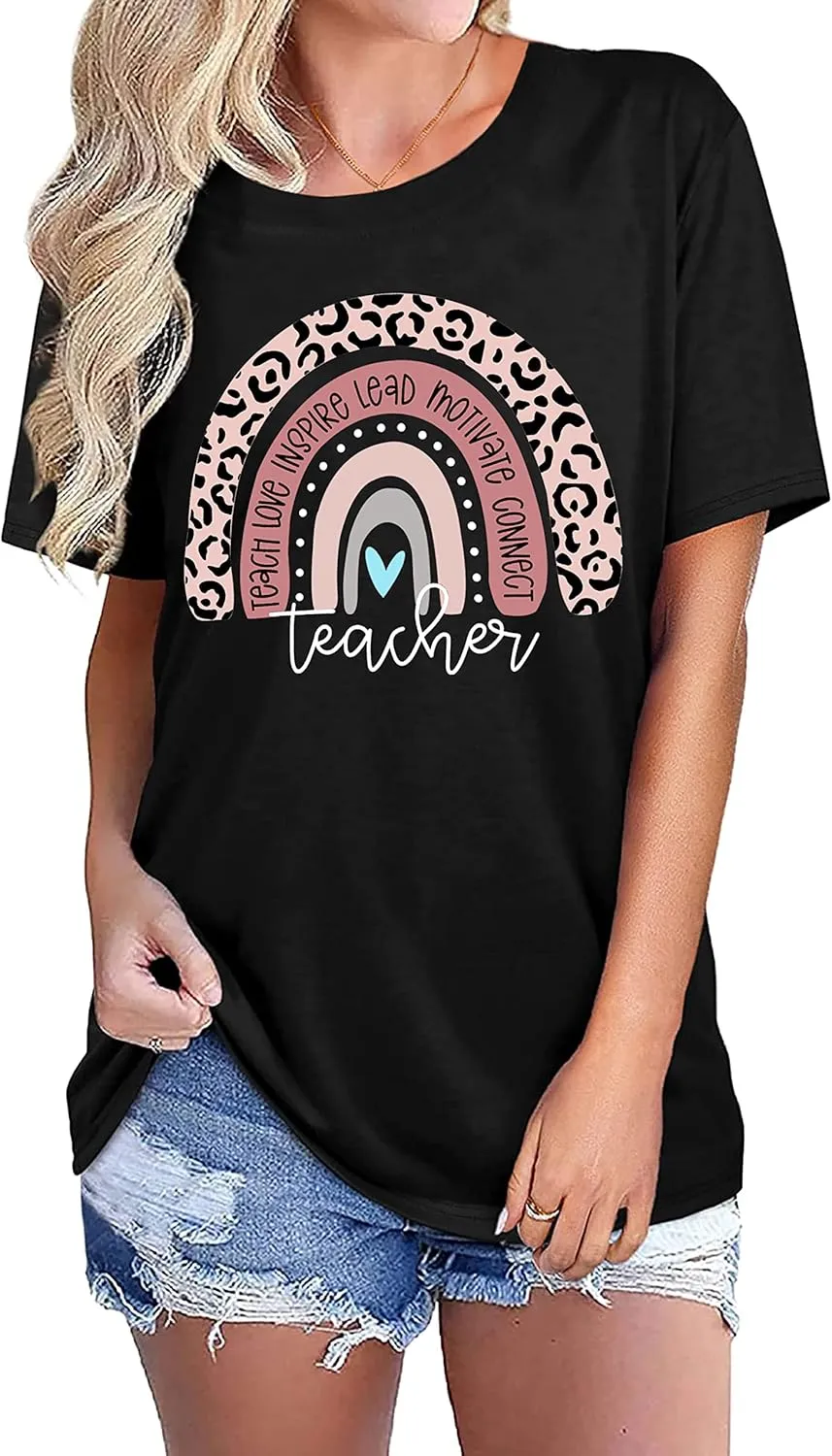 Teacher Shirt for Women Teach Rainbow Leopard Graphic Tee Tops Teachers Gift Teach Inspire T Shirt