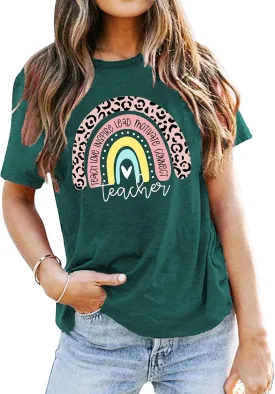 Teacher Shirt for Women Teach Rainbow Leopard Graphic Tee Tops Teachers Gift Teach Inspire T Shirt