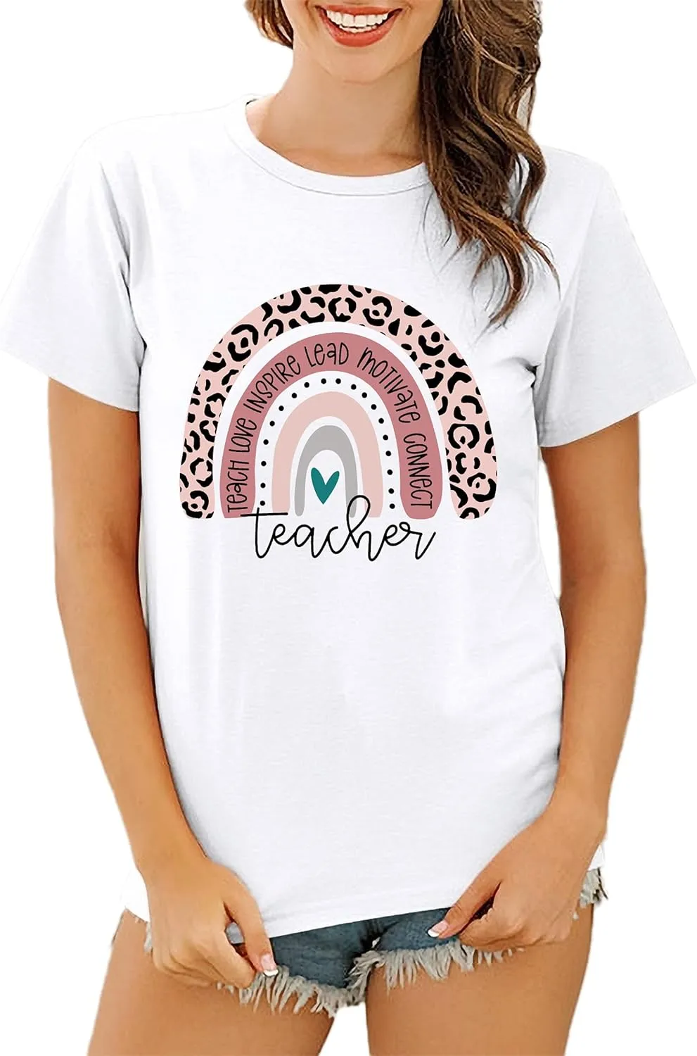 Teacher Shirt for Women Teach Rainbow Leopard Graphic Tee Tops Teachers Gift Teach Inspire T Shirt