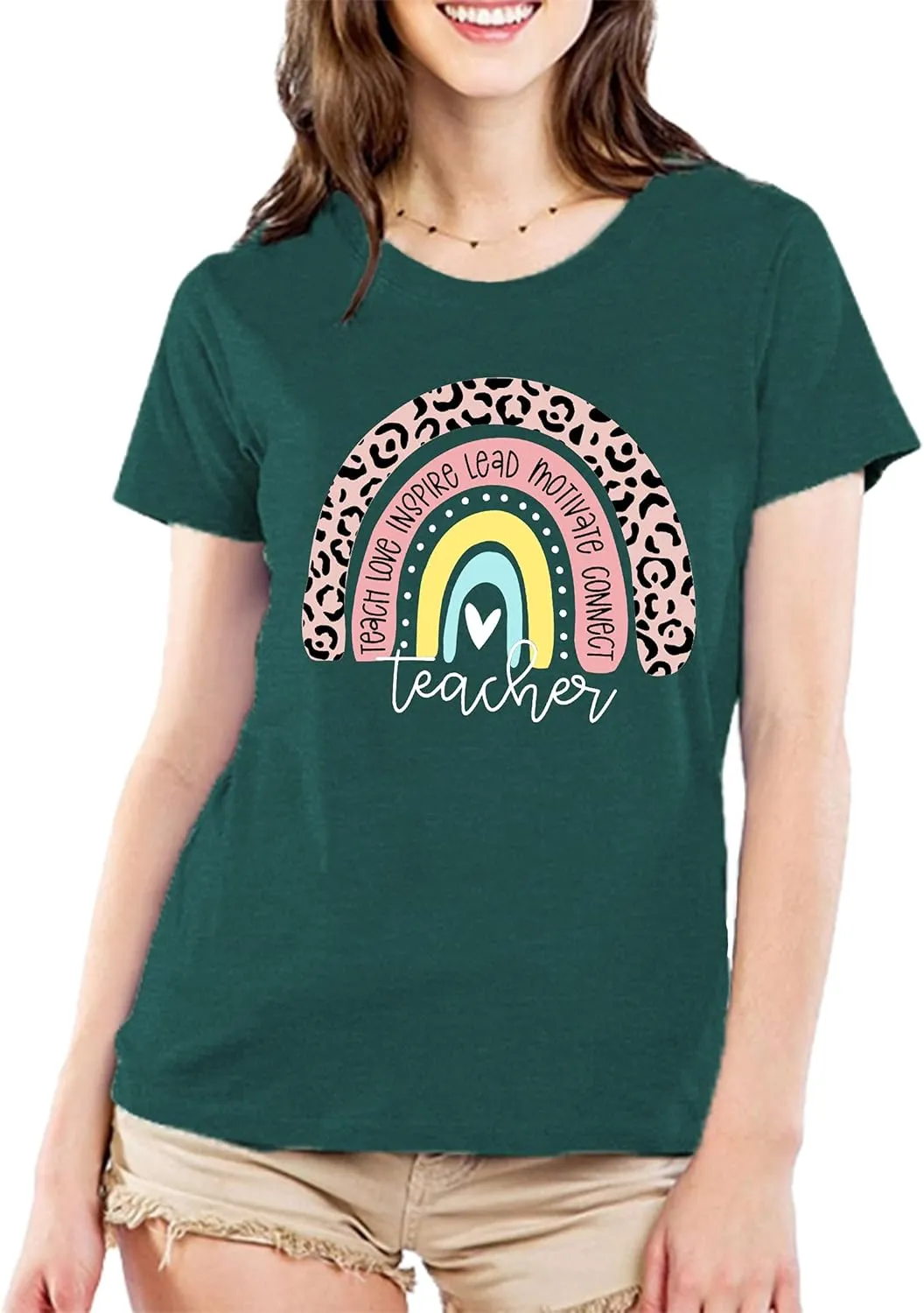 Teacher Shirt for Women Teach Rainbow Leopard Graphic Tee Tops Teachers Gift Teach Inspire T Shirt