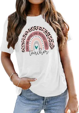 Teacher Shirt for Women Teach Rainbow Leopard Graphic Tee Tops Teachers Gift Teach Inspire T Shirt
