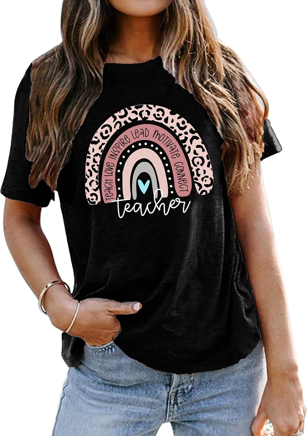 Teacher Shirt for Women Teach Rainbow Leopard Graphic Tee Tops Teachers Gift Teach Inspire T Shirt