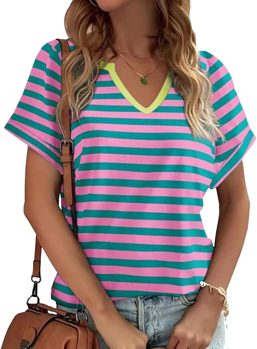 TIXOM Womens Summer V Neck Shirt Funny Letter Printed Graphic Short Sleeve Tee Casual Loose Fit Holiday Tops