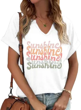 TIXOM Womens Summer V Neck Shirt Funny Letter Printed Graphic Short Sleeve Tee Casual Loose Fit Holiday Tops