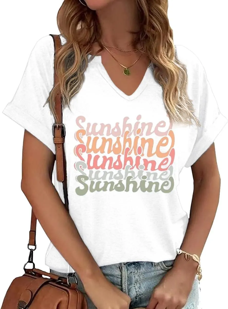 TIXOM Womens Summer V Neck Shirt Funny Letter Printed Graphic Short Sleeve Tee Casual Loose Fit Holiday Tops