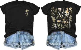 Vintage Floral T Shirts for Women Boho Wildflower Graphic Tees Cute Summer Short Sleeve Casual Tops