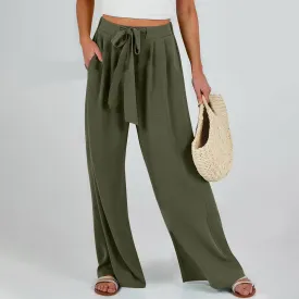 Wide Leg Pants Woman Linen Palazzo High Waisted Drawstring Summer Casual Business 2025 Beach Vacation Pants
