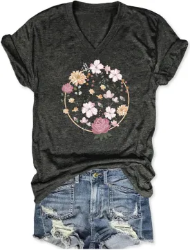 Wildflowers V Neck Shirt Women Boho Floral Flowers Graphic Tee Casual Cottagecore Short Sleeve T Shirt
