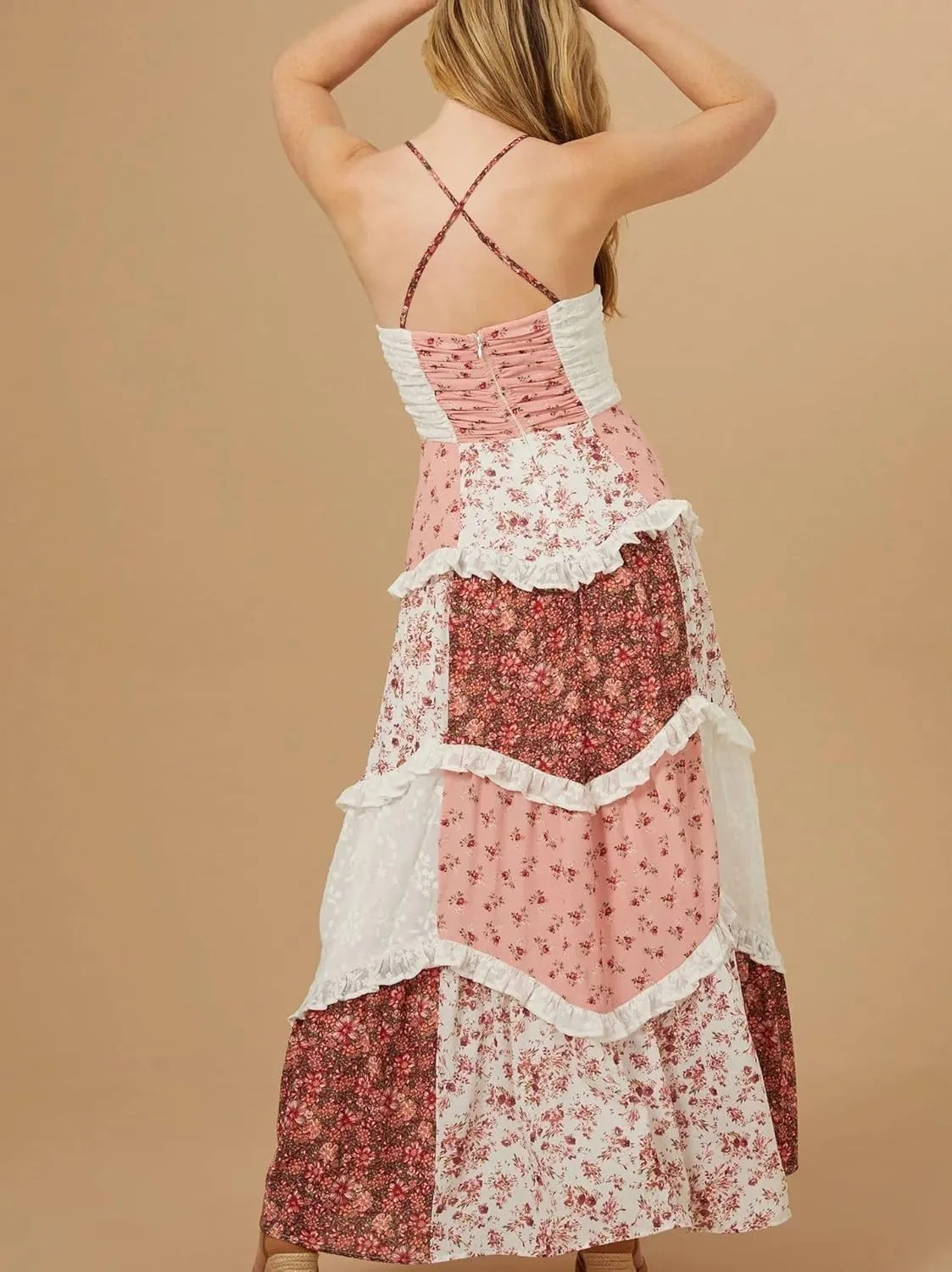 Women Patchwork Tiered Maxi Dress Boho Spaghetti Strap Smocked Cami Dress Floral Ruffle Low Cut V-Neck Layered Beach Dresses