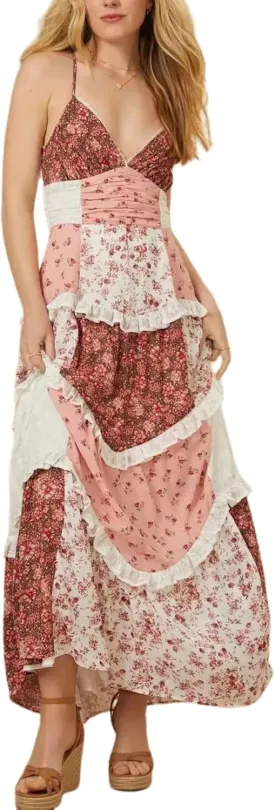 Women Patchwork Tiered Maxi Dress Boho Spaghetti Strap Smocked Cami Dress Floral Ruffle Low Cut V-Neck Layered Beach Dresses
