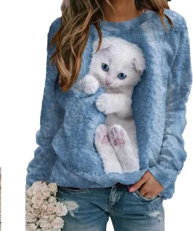Women's Cat Print Long Sleeve Shirt Cute Casual Crewneck Pullover Top Lightweight Funny Graphic Tee