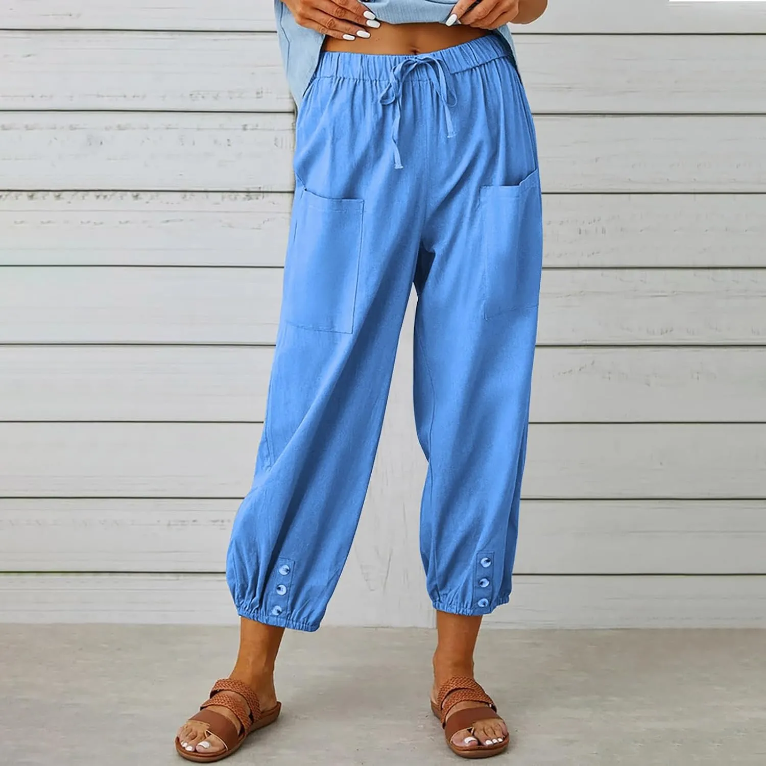 Women's Cropped Drawstring Waist Wide Leg Loose Cotton Linen Capri Pants for Women