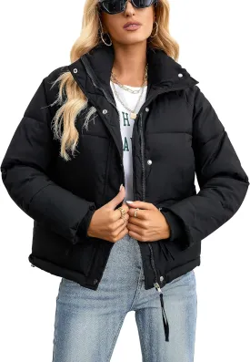 Womens Cropped Puffer Jacket Full Zip Quilted Jackets Warm Winter Coat Outerwear with Pockets