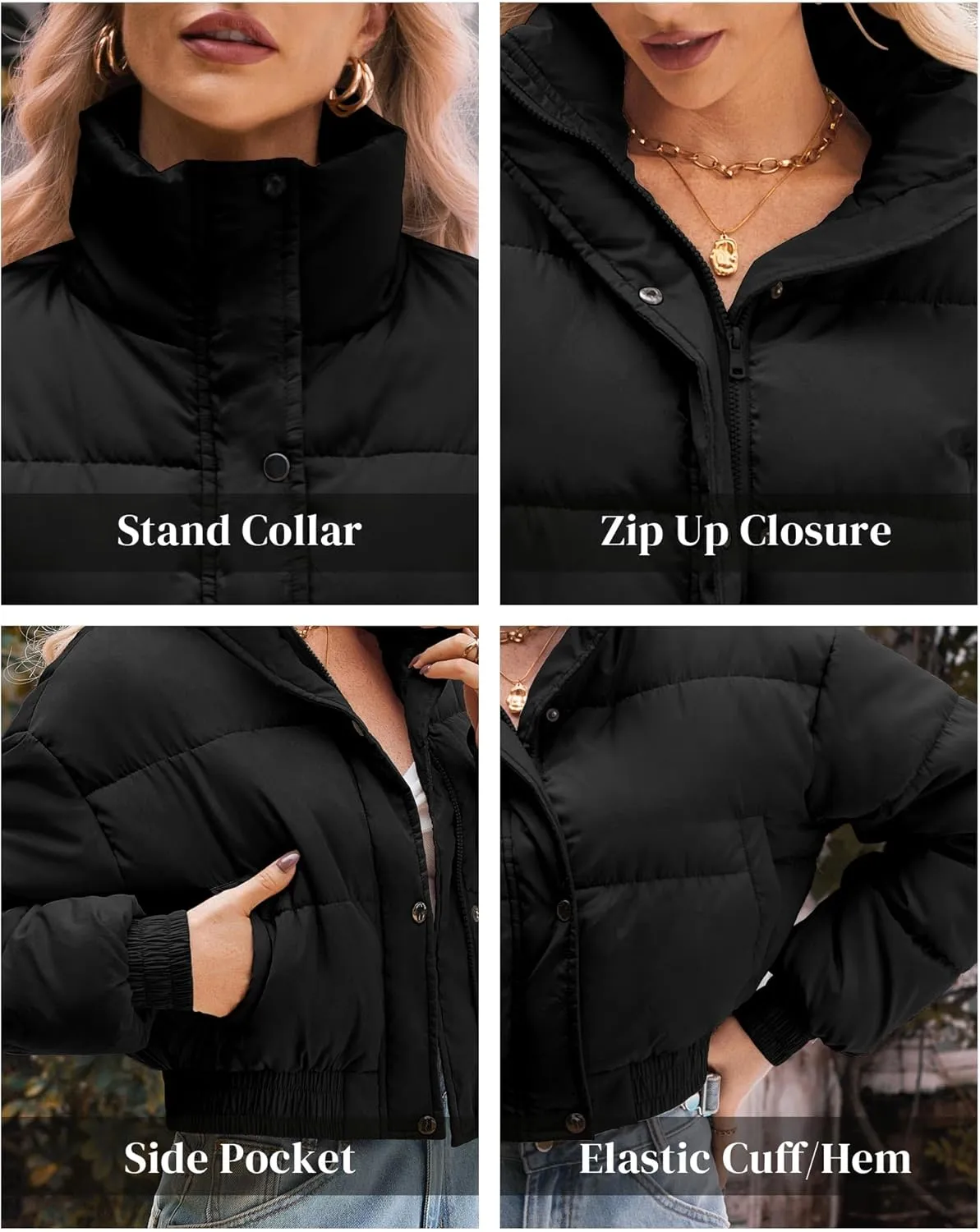 Women's Cropped Puffer Jacket Long Sleeve Puffy Coat Winter Lightweight Quilted Padded Outwear with Pockets