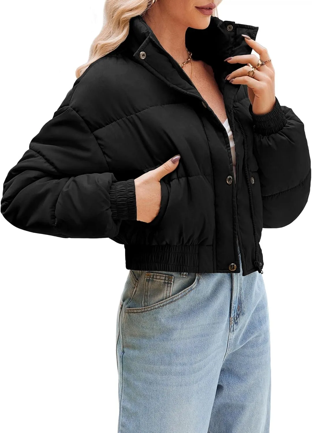 Women's Cropped Puffer Jacket Long Sleeve Puffy Coat Winter Lightweight Quilted Padded Outwear with Pockets
