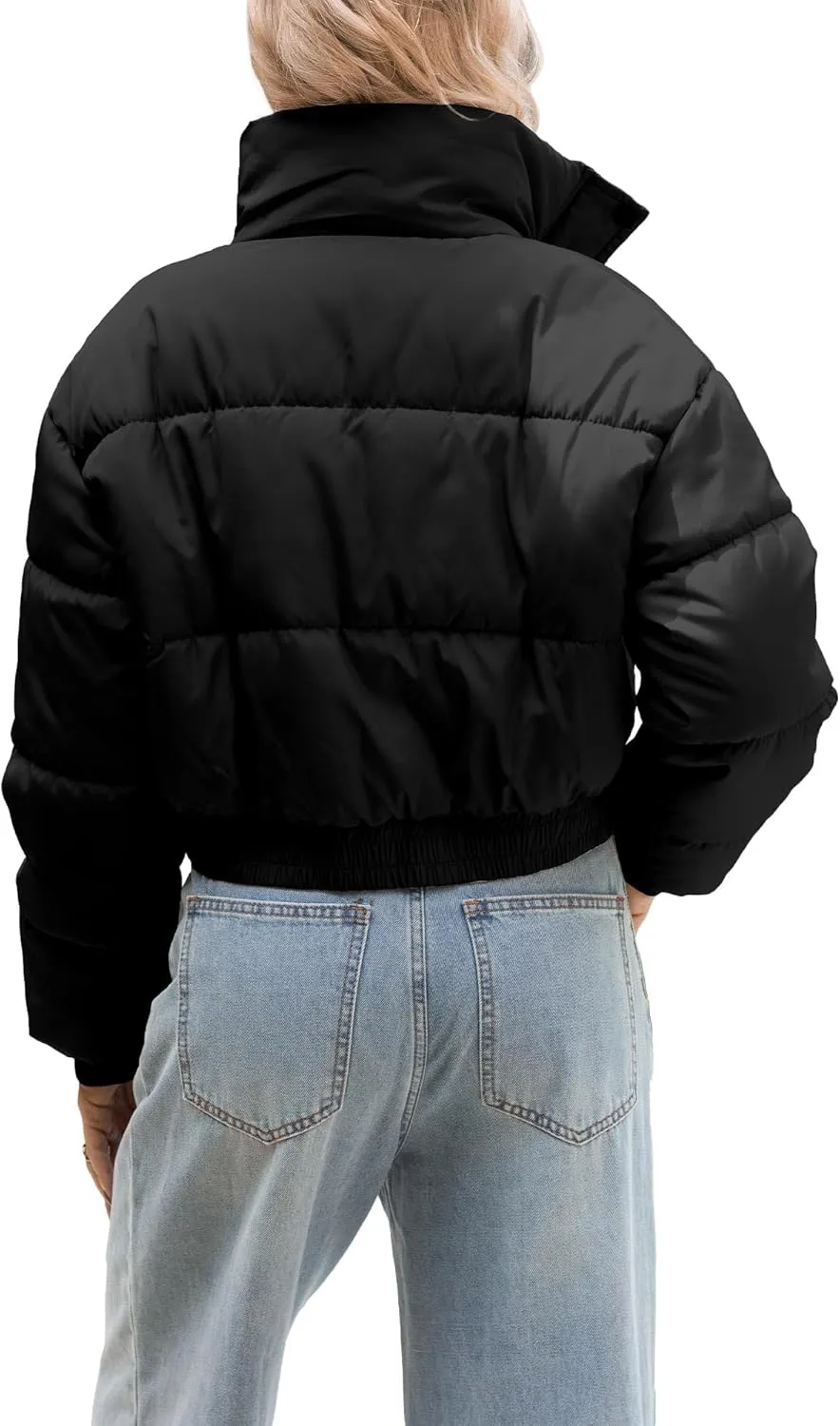 Women's Cropped Puffer Jacket Long Sleeve Puffy Coat Winter Lightweight Quilted Padded Outwear with Pockets