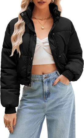 Women's Cropped Puffer Jacket Long Sleeve Puffy Coat Winter Lightweight Quilted Padded Outwear with Pockets