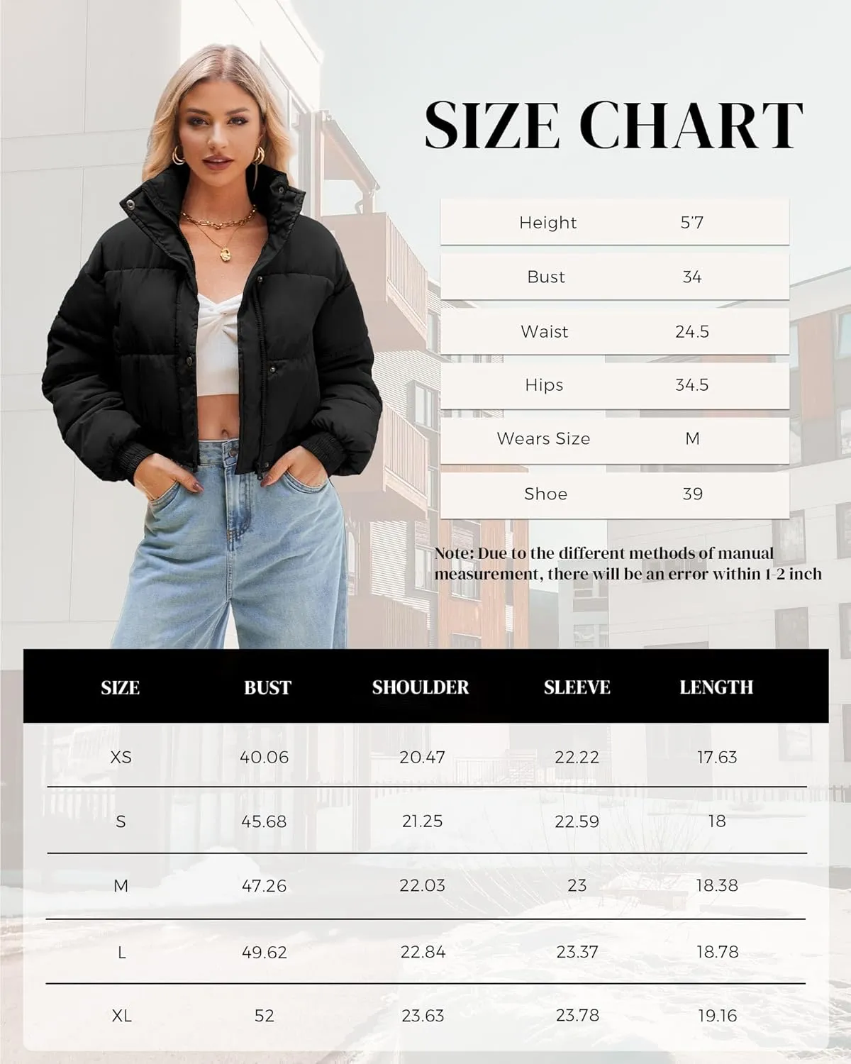 Women's Cropped Puffer Jacket Long Sleeve Puffy Coat Winter Lightweight Quilted Padded Outwear with Pockets