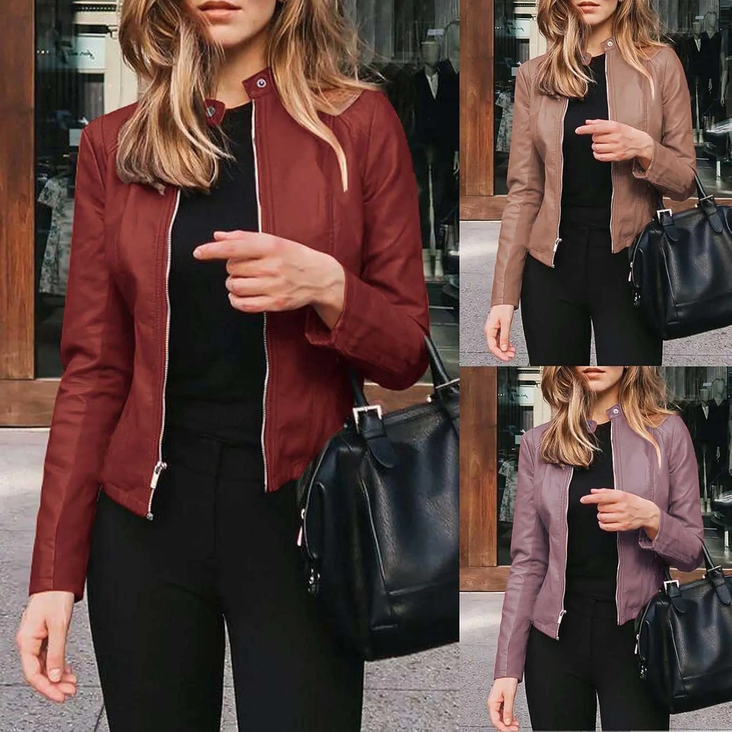 Womens Leather Jacket 2023 Fashion Faux Suede Biker Jackets Fall Zip Up Pu Motorcycle Slim Fit Coats with Pockets