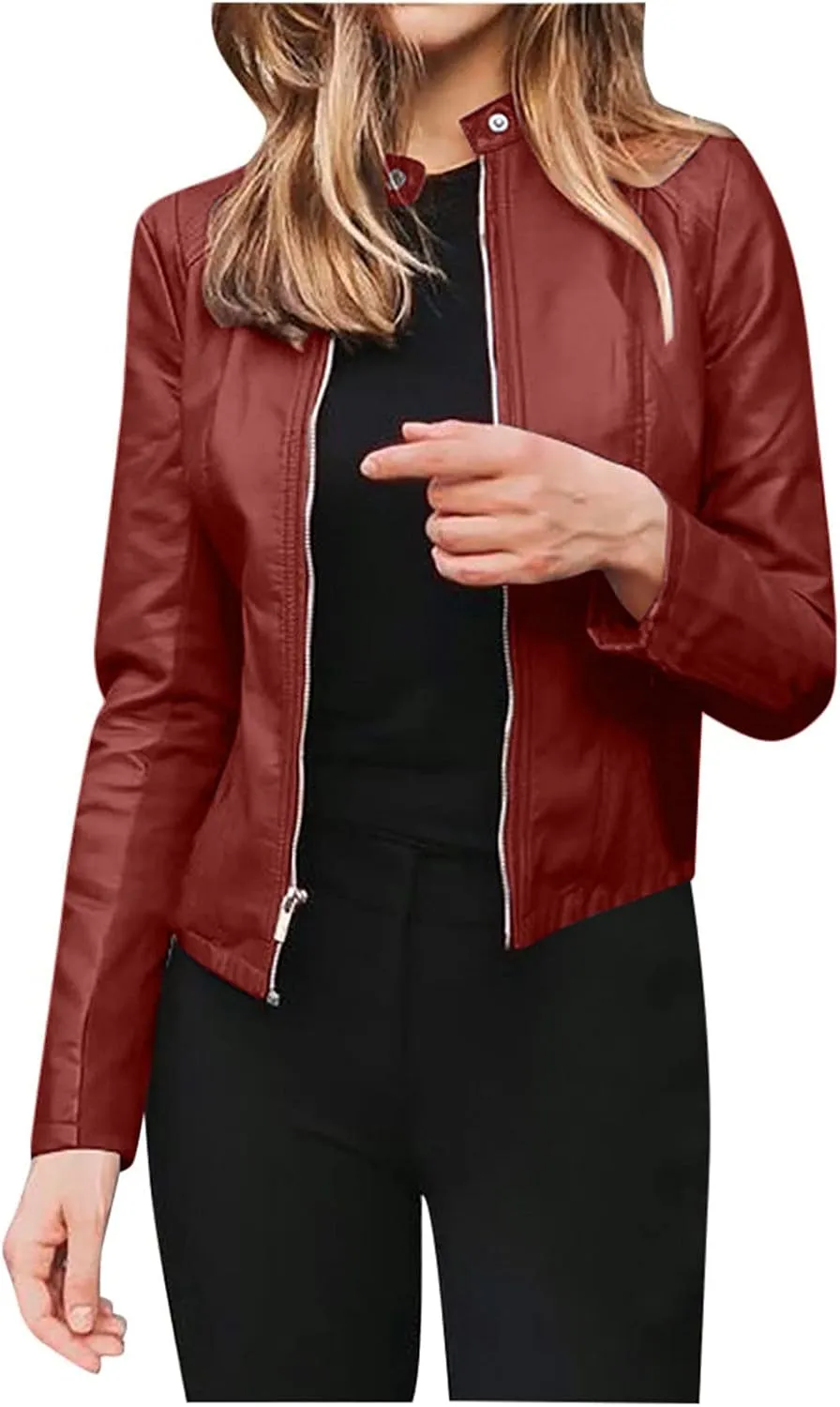 Womens Leather Jacket 2023 Fashion Faux Suede Biker Jackets Fall Zip Up Pu Motorcycle Slim Fit Coats with Pockets