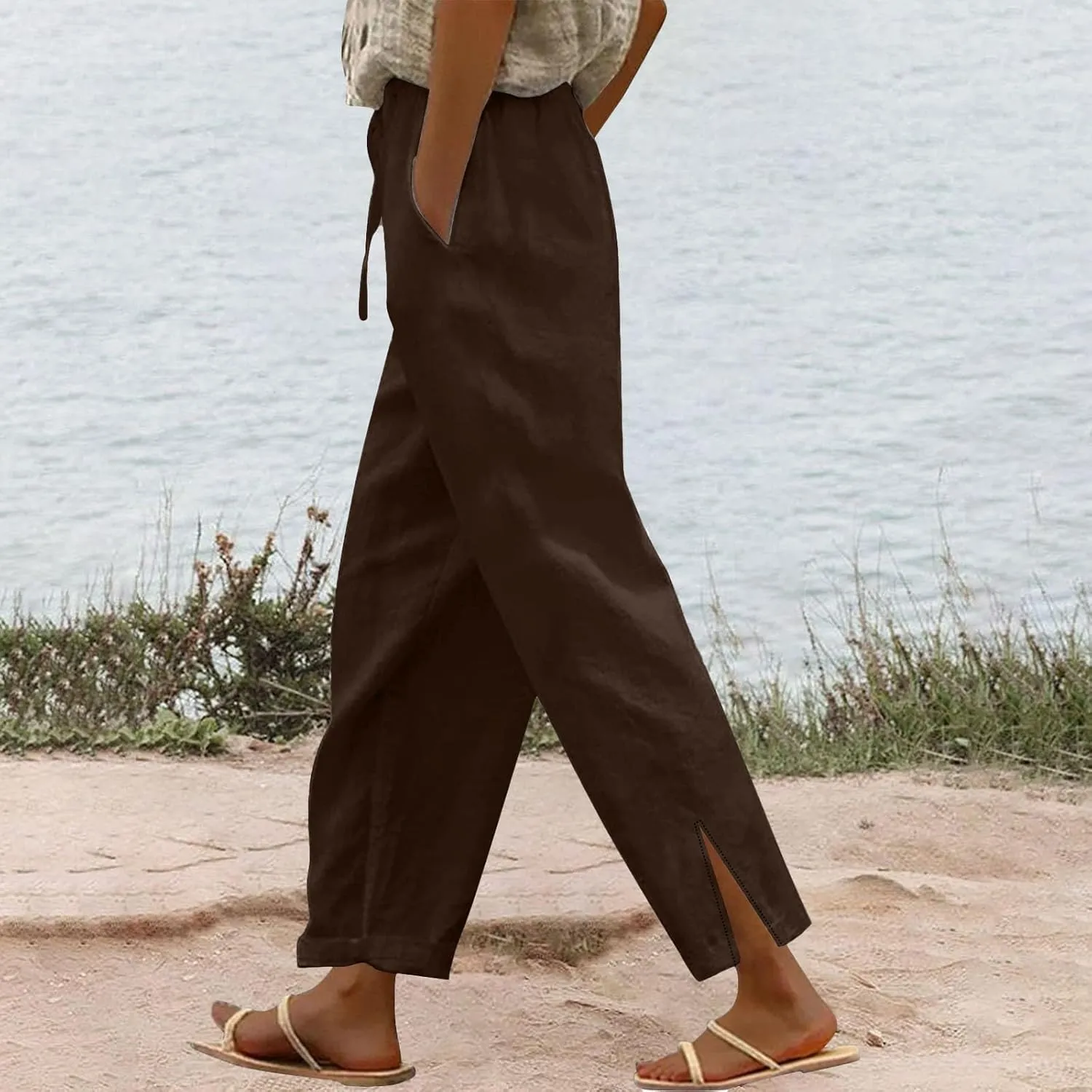 Womens Linen Pants 2025 Summer Vacation Beach Pants Drawstring Casual Gauze Pants with Pockets Linen Ankle Pant Trousers