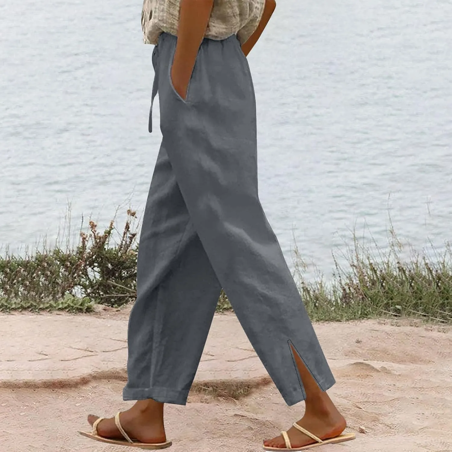 Womens Linen Pants 2025 Summer Vacation Beach Pants Drawstring Casual Gauze Pants with Pockets Linen Ankle Pant Trousers