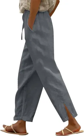 Womens Linen Pants 2025 Summer Vacation Beach Pants Drawstring Casual Gauze Pants with Pockets Linen Ankle Pant Trousers