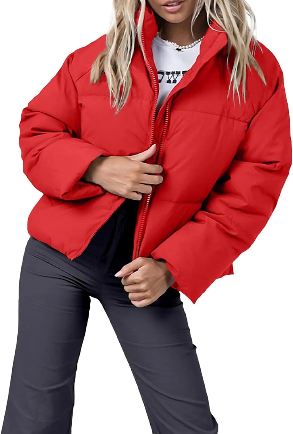 Women's Puffer Jacket Lightweight Oversized Long Sleeve Full Zipper Baggy Short Down Coats with Pockets