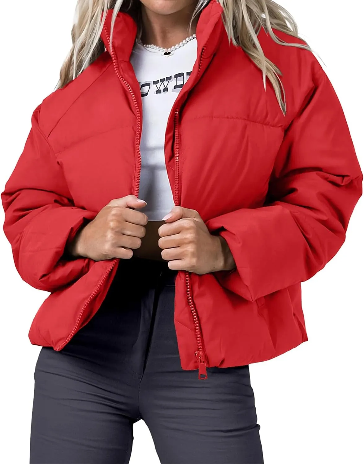 Women's Puffer Jacket Lightweight Oversized Long Sleeve Full Zipper Baggy Short Down Coats with Pockets