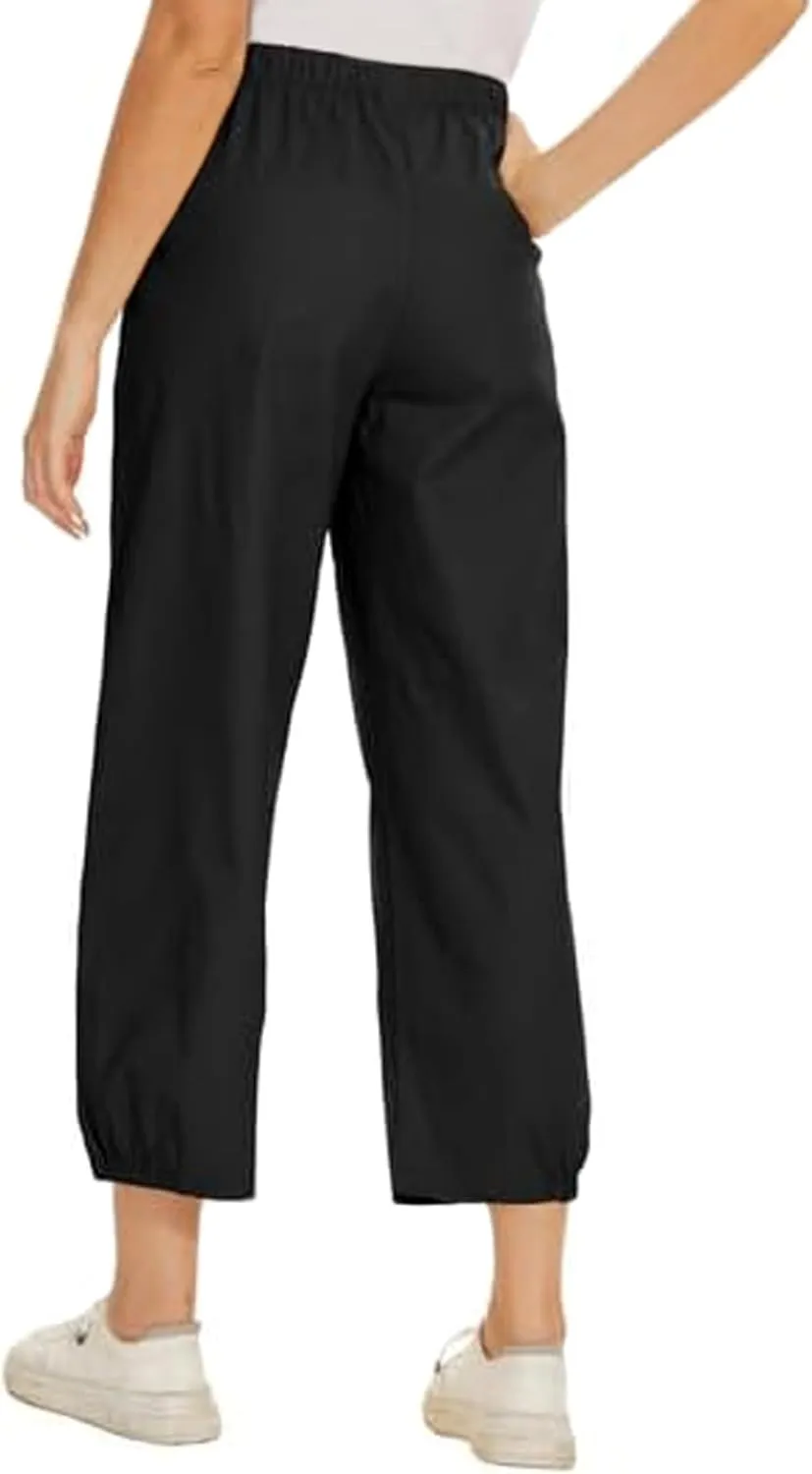 Women's Summer Capri Pants Elastic High Waist Drawstring Wide Leg Cotton Linen Work Pants with Pockets