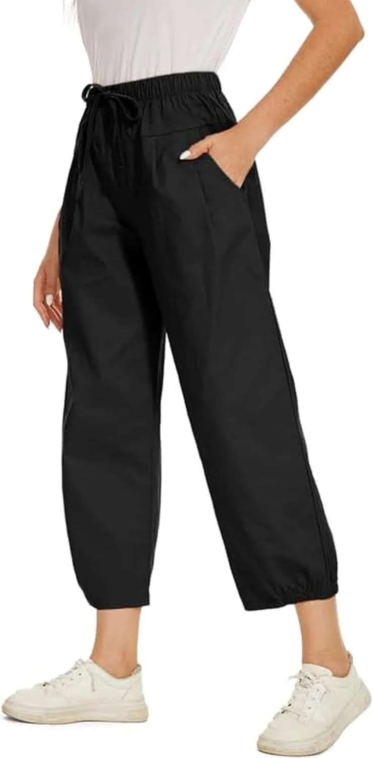 Women's Summer Capri Pants Elastic High Waist Drawstring Wide Leg Cotton Linen Work Pants with Pockets