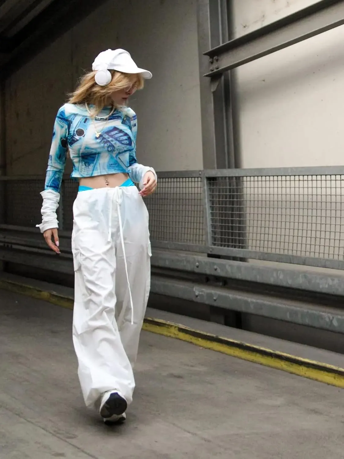 Xineicy Parachute Pants for Women Drawstring Baggy Cargo Pants Y2K Trouser Low Rised Jogger Sweatpants