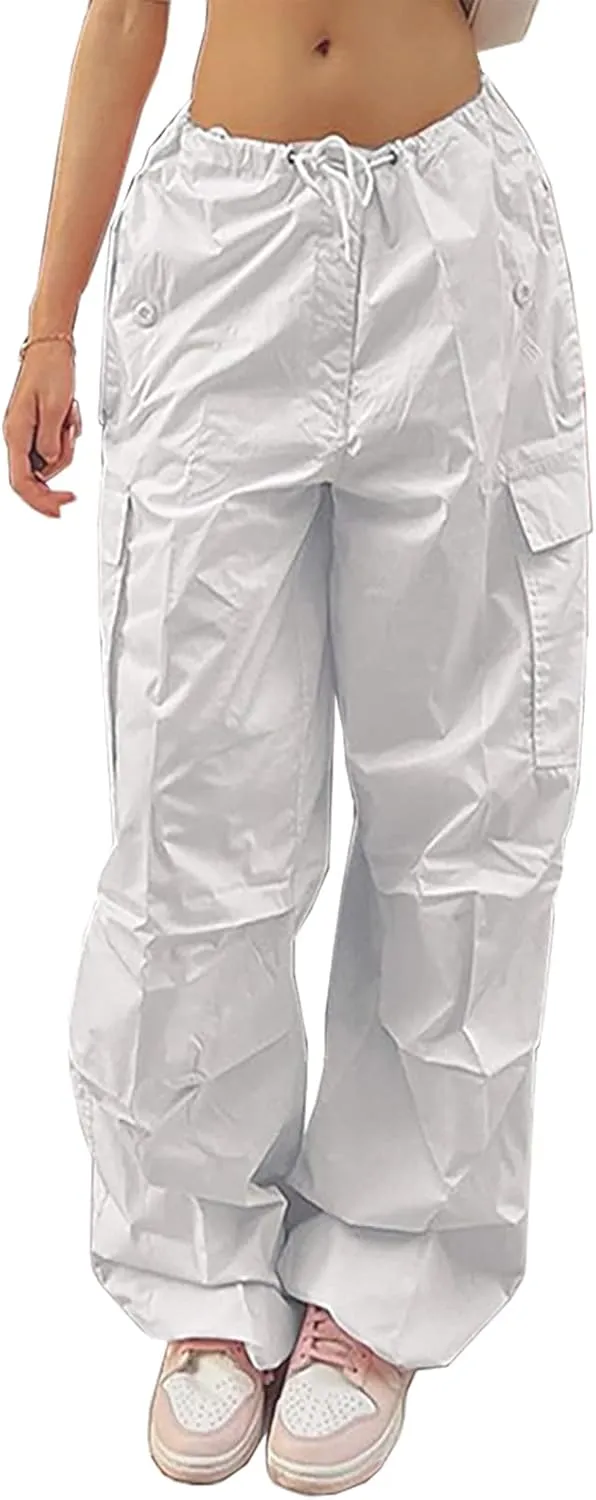 Xineicy Parachute Pants for Women Drawstring Baggy Cargo Pants Y2K Trouser Low Rised Jogger Sweatpants